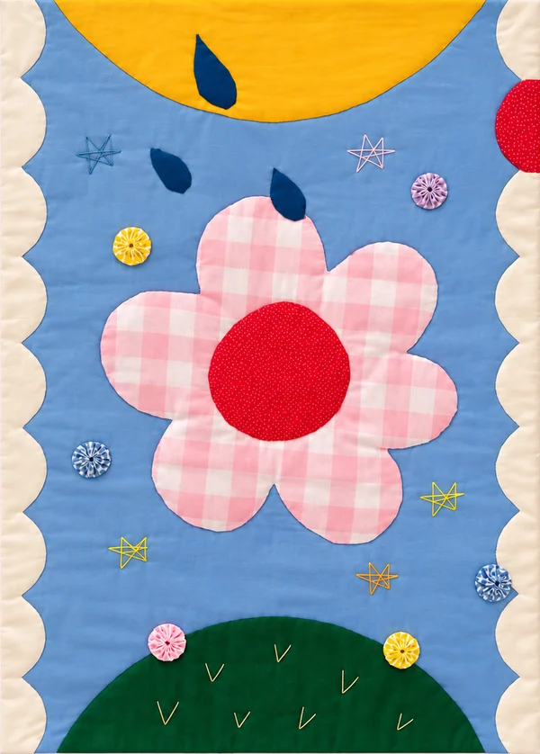 Blue quilt with a pink gingham flower, raindrops and a yellow sun.